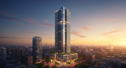 Sunset Cityscape with Modern High-Rise