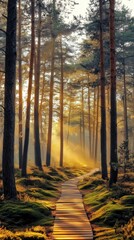 Obraz premium Walking Wooden Path Through Forest with Sunlight Filtering Between Trees