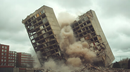 demolition with two buildings collapsing in a controlled explosion 