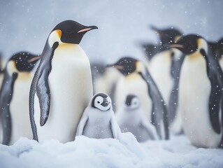 Fototapeta premium Emperor Penguins and Chick Standing in Snowy Landscape During Winter