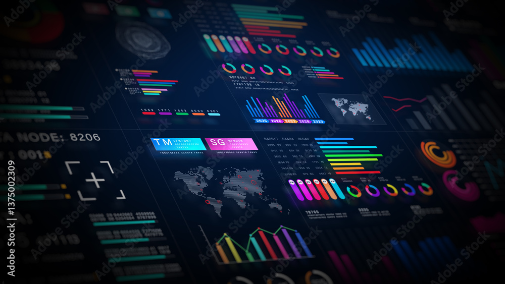 Poster high-tech digital dashboard displaying big data analytics, charts, and infographics. ideal for busin