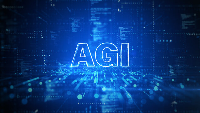 Glowing AGI text in a futuristic digital environment with data streams and code symbolizes artificial general intelligence and advanced AI technology. Technology abstract background 3d Rendering