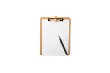Photo of empty clipboard and pen on white background