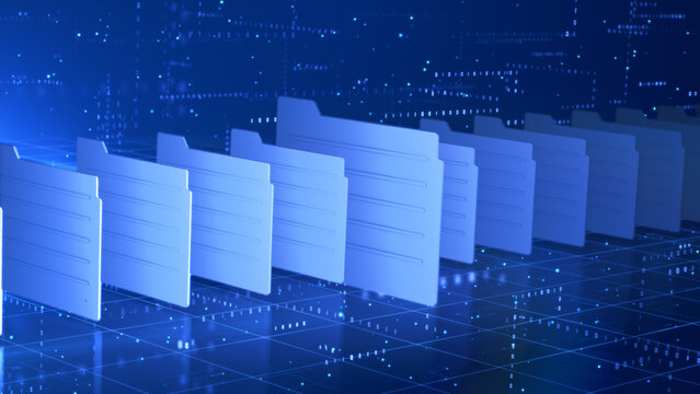 Digital file folders in a futuristic cyber environment represent data storage, cloud computing, document management, and file organization technology. Digital big data abstract background 3d Rendering