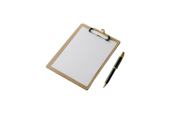 Photo of empty clipboard and pen on white background