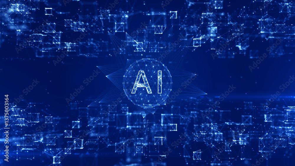 Aufkleber AI text within a digital sphere, surrounded by a futuristic data network, symbolizing artificial intelligence, big data, and machine learning technology. Technology abstract background 3d Rendering