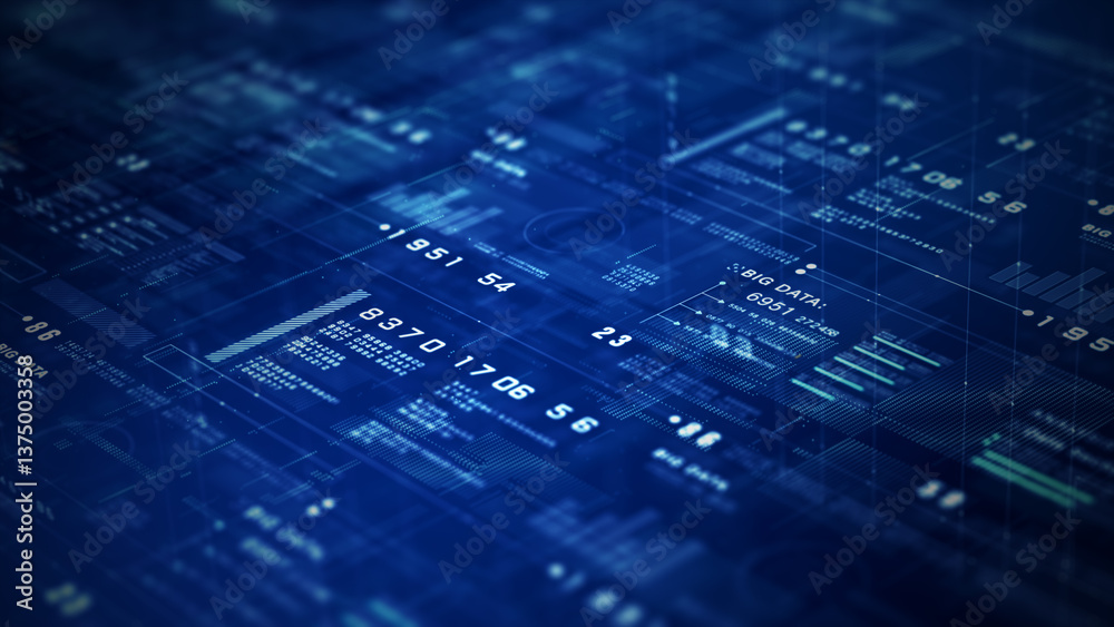Poster abstract digital interface with big data analytics, futuristic information dashboard, and data visua