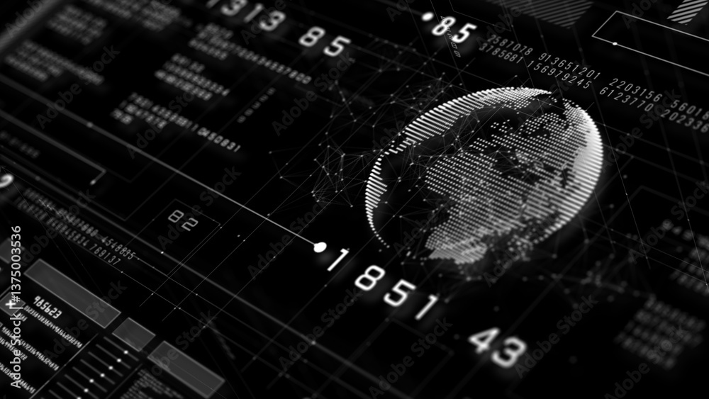 Aufkleber High-tech digital dashboard with big data analytics, futuristic information display, and global network visualization in a black and white theme. Technology abstract background 3d Rendering