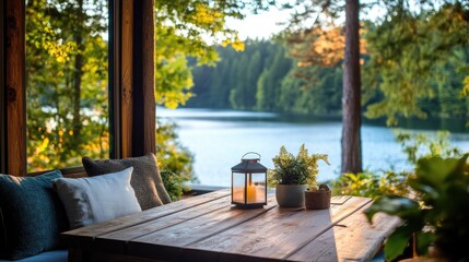 Naklejka premium Tranquil Lakeside Retreat with Cozy Outdoor Table and Lantern