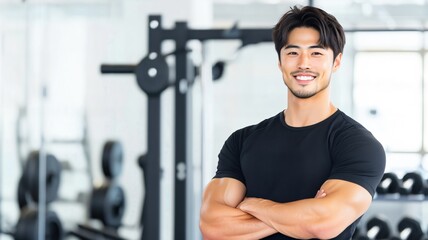 日本人 男性 アジア人 ムキムキ 筋肉 パーソナル トレーナー スマイル ジム バストショット 黒 灰色 白 背景