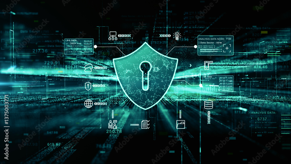 Aufkleber Futuristic digital shield symbolizing cybersecurity and data protection with network icons and data nodes. Technology digital network connection and big data analytics 3d Rendering