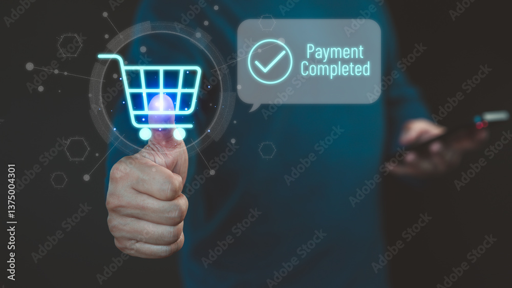 Aufkleber customer using a smartphone completes an online payment, with shopping cart icon and a 