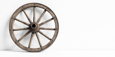 Fototapeta premium Rustic Wooden Wagon Wheel Against a Plain White Background, a Symbol of Vintage Transportation and Simple Elegance