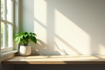 Serene Minimalist Room Corner Featuring a Lush Green Plant in a Simple White Pot on a Light Wood Shelf, Bathed in Soft Sunlight Streaming Through a Window