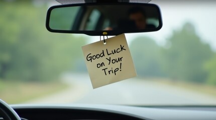 Obraz premium Driver's note for good luck on your trip transportation journey scenic road inside vehicle perspective