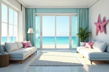 Fototapeta premium Serene Coastal Living Room with Ocean View and Starfish Decor