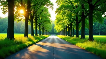 Obraz premium A sunlit asphalt road winds through a vibrant green tree-lined avenue, bathed in the golden light of dawn or dusk.