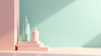 Pastel-hued bottles on a minimalist pink display stand against a serene mint green backdrop, bathed in soft sunlight.