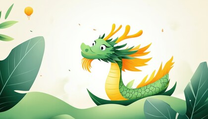 Fototapeta premium Adorable Cartoon Dragon on a Leaf Boat