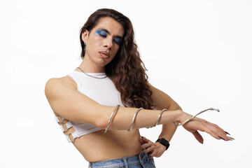Genderless person posing on a white background for a gay pride photo