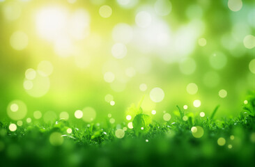 Fototapeta premium Abstract spring landscape. Bokeh, sunlight, lush green fields create an ethereal, serene, optimistic mood. Perfect for nature, growth, Earth Day themes.