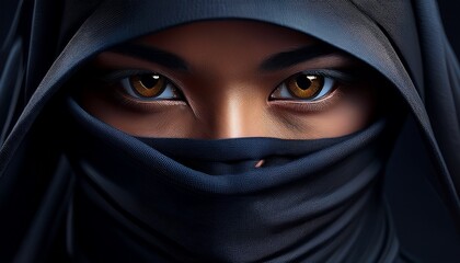 Naklejka premium A Japanese ninja assassins wearing all black clothing; a close up view of the eyes of a ninja with the face is wrapped in black cloth; shadow warriors; ninja warrior; 
