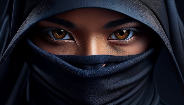 A Japanese ninja assassins wearing all black clothing; a close up view of the eyes of a ninja with the face is wrapped in black cloth; shadow warriors; ninja warrior; 