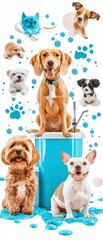 Obraz premium Playful dogs and puppies with bubbles indoor pet grooming space colorful pet photography fun environment close-up view
