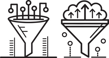 Data filter vector icons. Online data analysis and data marketing icon in flat filled and outline stroke line art.