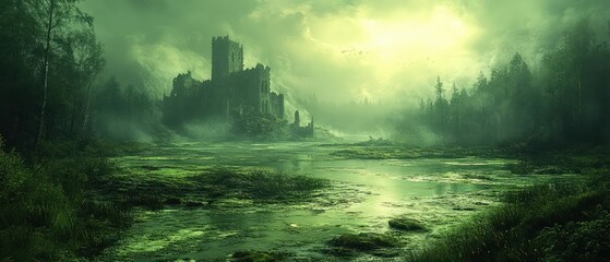 Mystical green swamp castle ruins, serene and haunting.