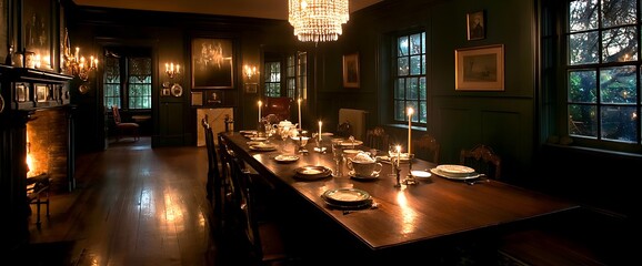 Elegant dining room with candles and dark walls