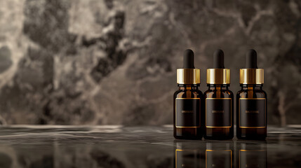 dark amber essential oil bottles with gold label with marble background