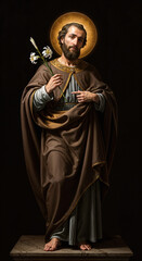 Full body of Saint Joseph, father of Jesus, holds a lily flower symbolizing his purity