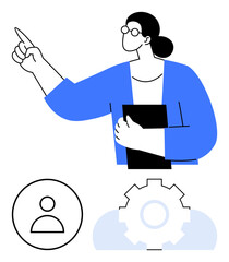 Woman wearing glasses pointing upward. Holds a folder. Gears and user icon represent teamwork, leadership, career development, technology, innovation, collaboration and growth. Modern flat simple