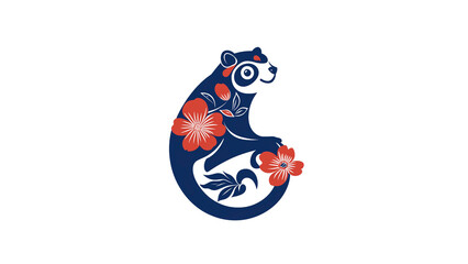 Stylized Blue Cat with Red Flowers - Elegant Animal Design