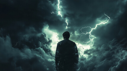 Obraz premium A man is standing in front of a stormy sky