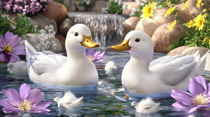 Two white ducks swimming in serene pond surrounded by flowers
