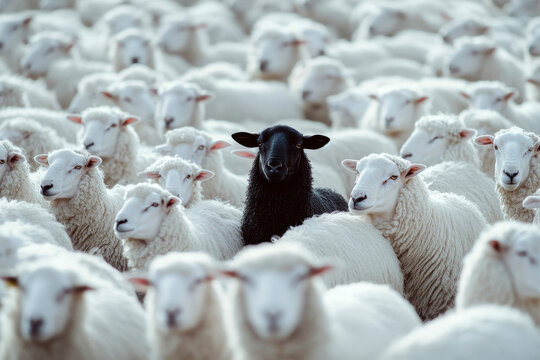 A lone black sheep standing boldly in a sea of white sheep, capturing contrast and individuality in a minimalist style.