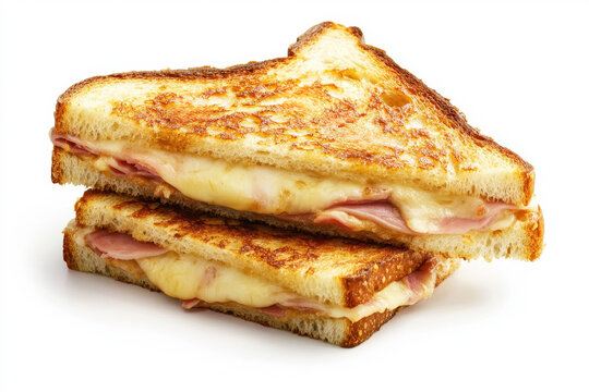 delicious croque monsieur sandwich featuring layers of ham and melted cheese, perfectly toasted to golden brown on isolated white background.