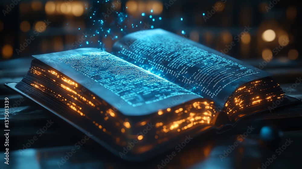 Poster hightech book with floating digital pages, glowing text, aidriven reading technology, futuristic ebo