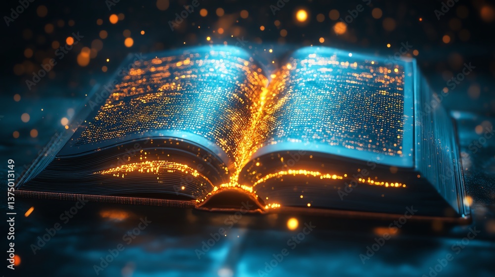 Poster hightech book with floating digital pages, glowing text, aidriven reading technology, futuristic ebo