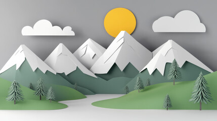 serene paper cut landscape with mountains and sun
