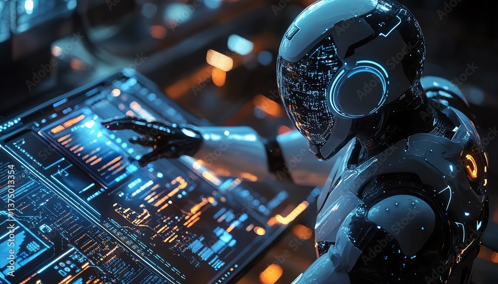 Aufkleber artificial intelligence humanoid, glowing digital interface, performing tasks on a hightech electron