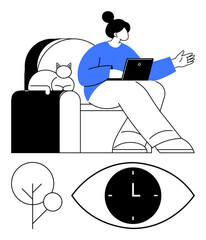 Woman relaxing with a laptop on a couch, cat sitting peacefully. Eye-shaped clock and simple tree. Ideal for time management, remote work, mindfulness, productivity, minimalism, pets abstract line