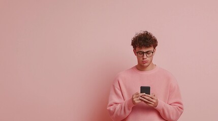 Young man standing against a plain pink background. he is wearing a pink sweater and has curly hair and glasses.