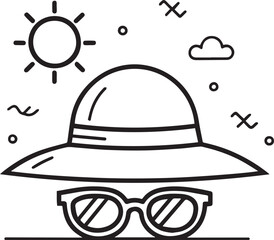 Hot weather vector icon. Cloud weather, Hat or Cap and Sunglasses icon in flat filled and outline stroke line art.
