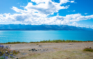 Lake tekapo new zealand stunning beautiful calm sunny day blue water