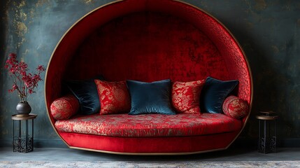 Red Velvet Round Sofa with Interior Design.
