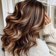 Naklejka premium A woman with long brown hair is wearing a white sweater