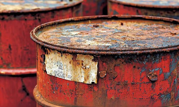 Red, rusted barrels sit close together. Some have white labels. Text is obscured by damage and angle